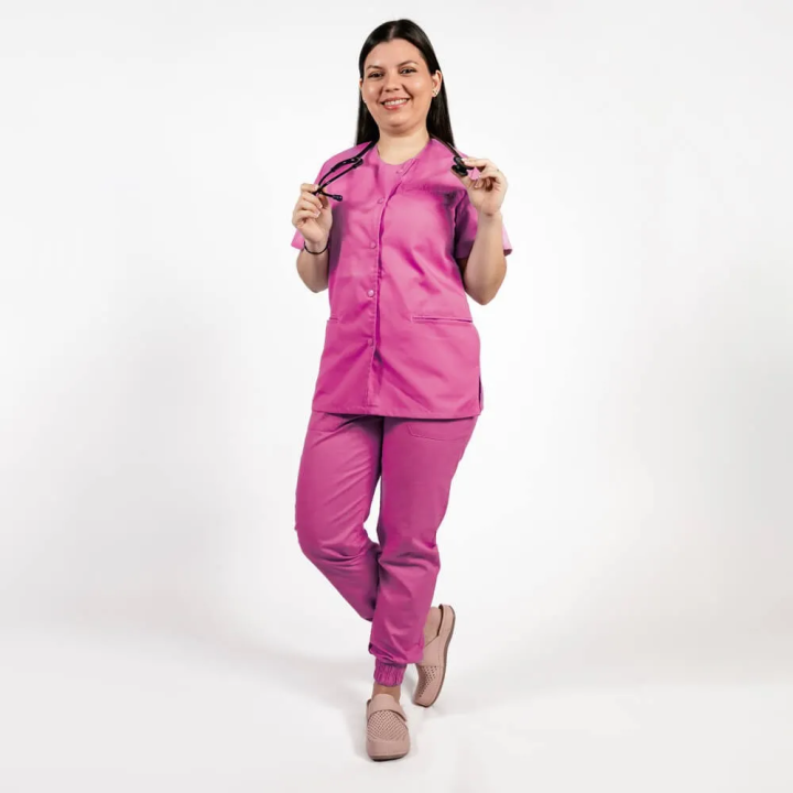 Costum Lotus 2, bluza asimetrica cu capse, pantaloni cu elastic in talie si manseta, fucsia - imagine 4