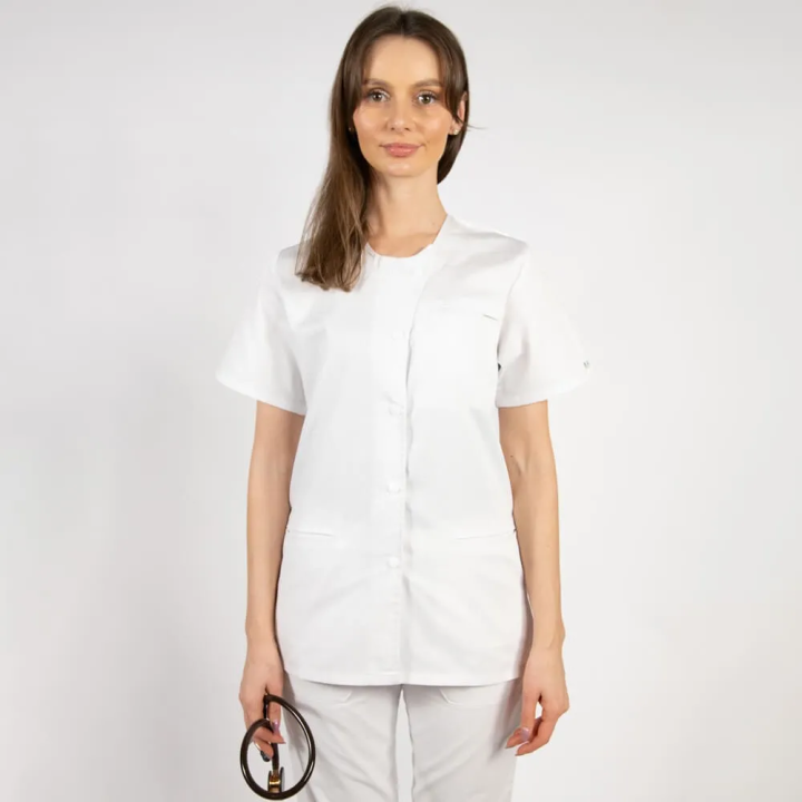 Costum Lotus 2, bluza asimetrica cu capse, pantaloni cu elastic in talie si manseta, alb - imagine 4