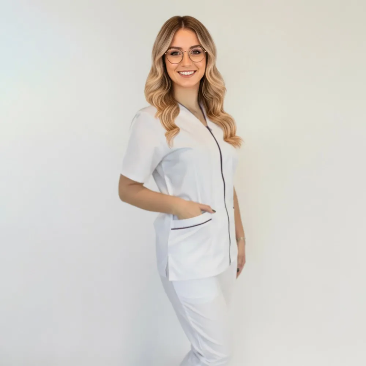 Bluza in V cu fermoar, maneca scurta si paspol mov, Lotus 2, alb - imagine 2