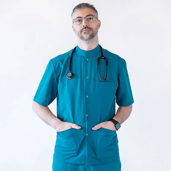 Bluza medicala cu capse, Lotus Flex, stretch, turcoaz inchis, TRS-JK7 - imagine 1