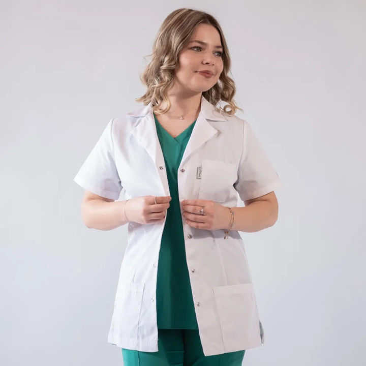 Jacheta medicala de dama, cu rever si capse, Lotus, alb - LJFMS - imagine 2