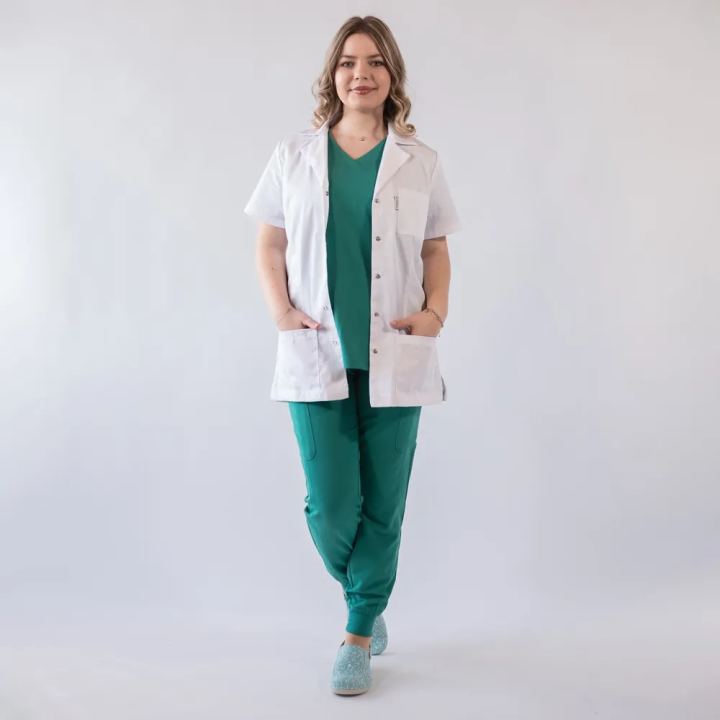 Jacheta medicala de dama, cu rever si capse, Lotus, alb - LJFMS - imagine 4