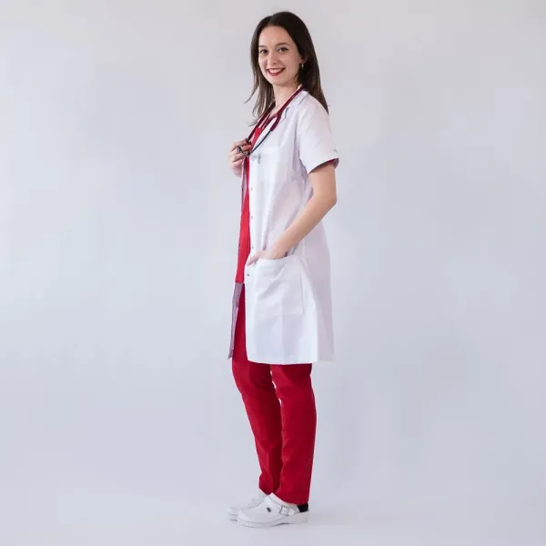 Halat medical de dama, cu rever si capse, Lotus, alb - LHFMS