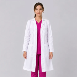 Halat medical de dama, cu rever, capse, 3 buzunare, Lotus, alb - LHFML