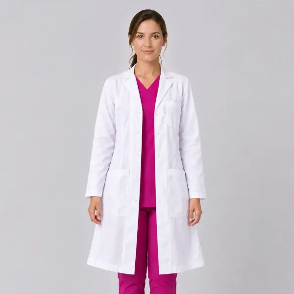 Halat medical de dama, cu rever, capse, 3 buzunare, Lotus, alb - LHFML