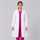 Halat medical de dama, cu rever, capse, 3 buzunare, Lotus, alb - LHFML